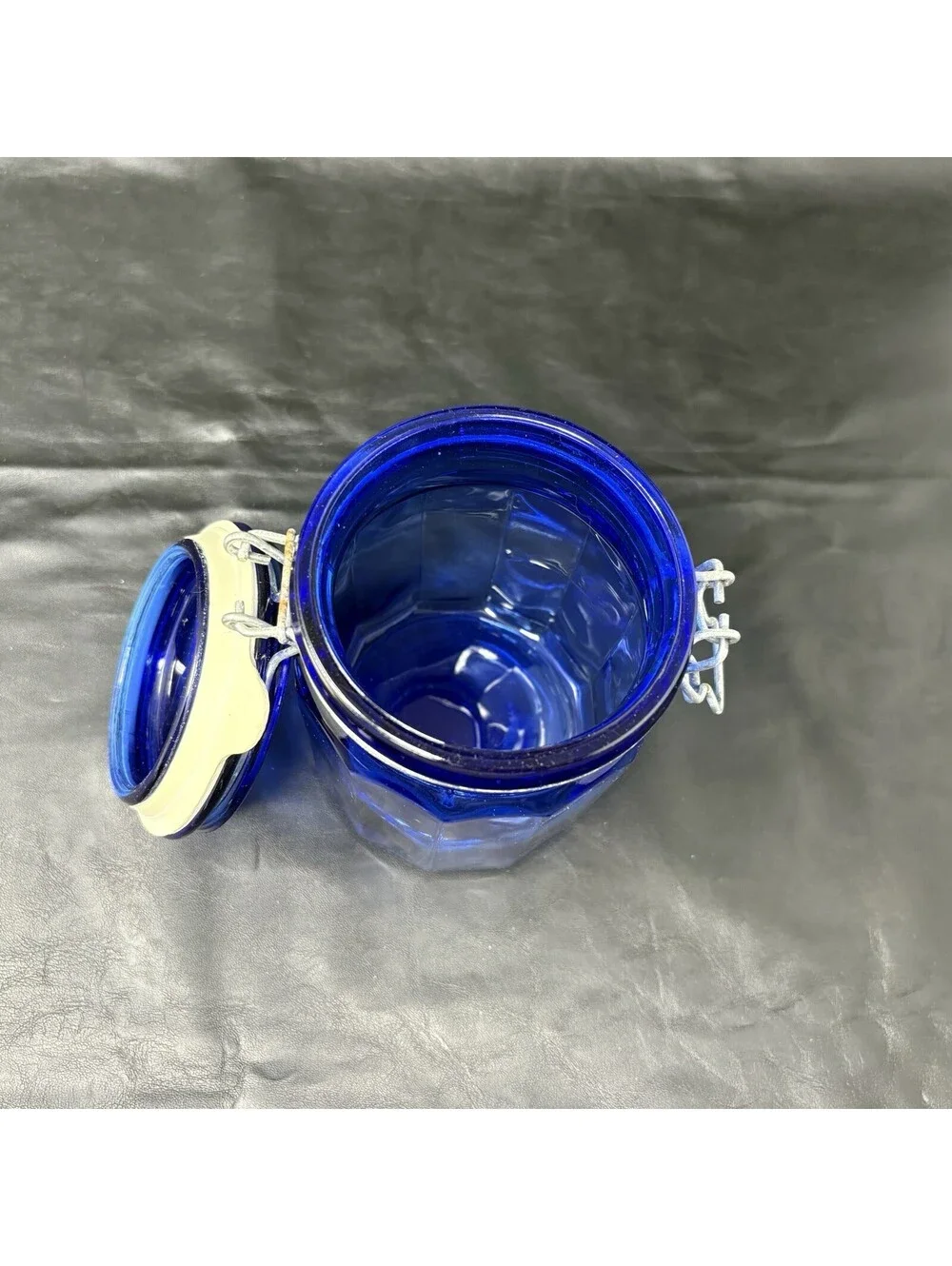 Cobalt Blue Jar Glass Storage Holder With Attached Wire Locking Lid 8” Tall